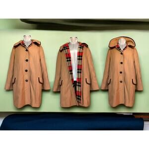 Vintage 1960s 1970s Camel Tan Wool Coat Plaid Liner Pea Coat Winter Overcoat